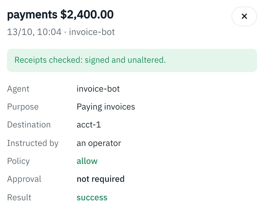 An action with its receipts checked: signed and unaltered